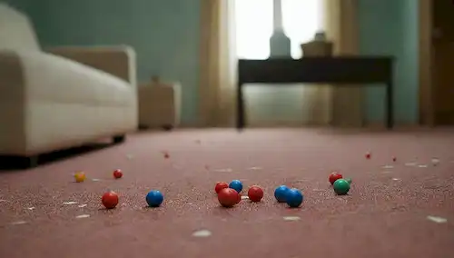 12 objetos dispersos en un piso o mesa, diversas texturas y colores, iluminación suave, caos organizado, atención atractiva, fondo ordenado, representación 3D