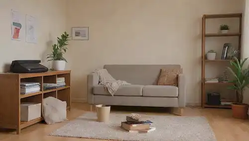 Una habitación decluttered, una mesa desordenada con papeles y objetos, una cesta para donaciones, una lata de basura, una caja de clasificación, una persona que sostiene un objeto en su mano, una estantería con unos pocos libros, un escritorio con un portátil y una taza de café, un sofá minimalista, un jarrón decorativo, una guitarra en la pared, una planta maciza, un piso limpio