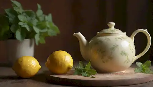 Un patrón floral relajante con delicados tonalidades amarillas y verdes, una tetera que se vierte en una taza sobre una mesa de madera rústica, un ramo de bálsamo de limón y algunas hojas de menta frescas cercanas, un resplandor cálido suave que rodea la escena