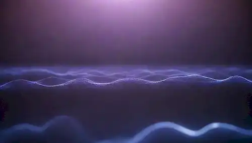 molécula 5-HTP, ondas cerebrales, olas en el fondo, ambiente tranquilo, colores pacíficos, ambiente relajante, tonalidades azules oscuras y moradas, luces sutiles, formas suaves, formas abstractas