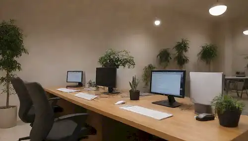 Agentes de atención al cliente 24/7, expresiones tranquilas y atentas, gestos amigables, espacio de oficina moderno con portátiles, receptores telefónicos y sillas, esquema de color cálido, iluminación suave, algunas plantas en el escritorio, ambiente relajado