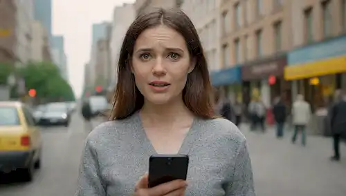 Un cliente que tiene un teléfono con una expresión confusa, un agente de servicio al cliente amigable en el fondo, un paisaje urbano con gente que va sobre sus vidas diarias, una sutil pista de un número de 902 en una pantalla, colores cálidos que transmiten acercamiento, un sentido de accesibilidad, una conexión humana
