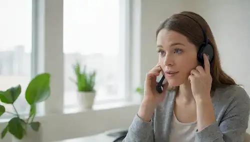 Un cliente sentado en un escritorio con un teléfono en la mano