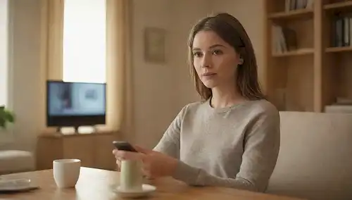 Un consumidor tranquilo sentado en una sala de estar, rodeado de dispositivos telefónicos y una televisión, con una expresión pacífica en su cara, sosteniendo un teléfono inalámbrico, cerca de una estantería con un libro telefónico, teniendo una taza de té en una mesa, mientras que el fondo está borroso con sutiles colores gradientes