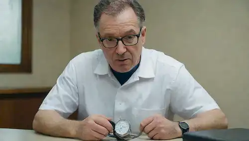 Hombre de 50 años con una expresión preocupada, sentado en una oficina de doctores, usando una camisa blanca y gafas, sosteniendo un monitor de presión sanguínea, rodeado de equipos y dispositivos médicos, con un toque sutil de fondo hospitalario, transmitiendo una sensación de tensión y preocupación