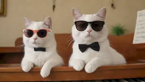 2 gatos sentados en un piano, con gafas de sol y auriculares, rodeados de notas musicales e instrumentos