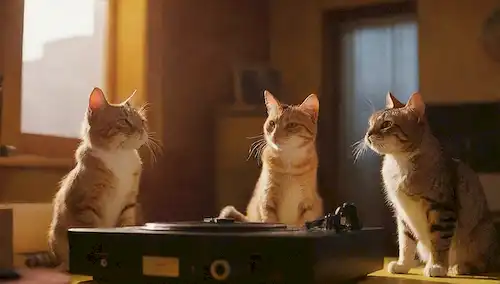 3 gatos lúgubres en un reproductor de discos