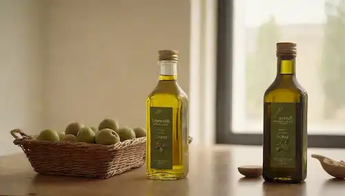 2 botellas de aceite de oliva en una mesa, diferentes etiquetas y colores, una abierta con una cuchara, una cesta de compras o bolsa en el fondo, luz natural filtrando a través de persianas de ventana