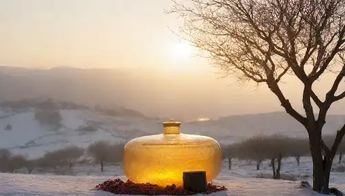Tanque de aceite congelado, paisaje cubierto de nieve, paneles solares, olivos, botellas de vidrio frosty, sol dorado que se levanta detrás de colinas, delicadas bayas de invierno, atmósfera de mal gusto, brillo sutil de los contenedores interiores, cristales de hielo en superficies, suave niebla girando alrededor de la maquinaria, y un sentido de serenidad