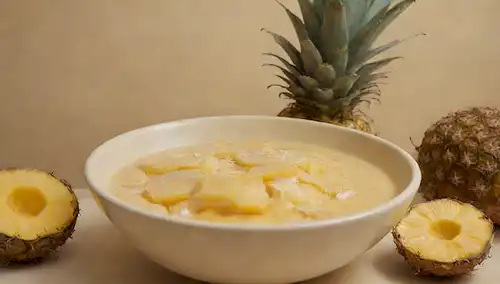 Un líquido dorado de tono cálido en un tazón rodeado de hojas tropicales, con unos pocos copos de coco o afeitados en la parte superior, tal vez algunas rebanadas de fruta fresca como piña o banana cerca, contra un fondo suave beige o de color crema, que transmite una sensación de nutrición y belleza natural