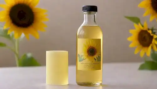 una botella amarilla brillante con una etiqueta con girasoles, un diseño simple con fondo blanco, un tapón o tapa en la parte superior, unas gotas de líquido alrededor de la tapa, textura natural e iluminación, colores tonos cálidos, una profundidad poco profunda de campo para enfatizar la forma de botella