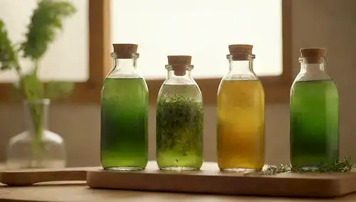 3-4 botellas vibrantes llenas de varios líquidos verdosos