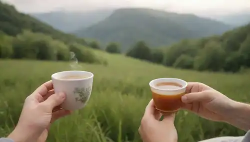 Una fotografía cálida y de enfoque suave de una persona sosteniendo suavemente una taza de té herbal junto a un paisaje natural sereno con vegetación exuberante y nubes iluminadas por el sol, transportando comodidad, relajación y armonía