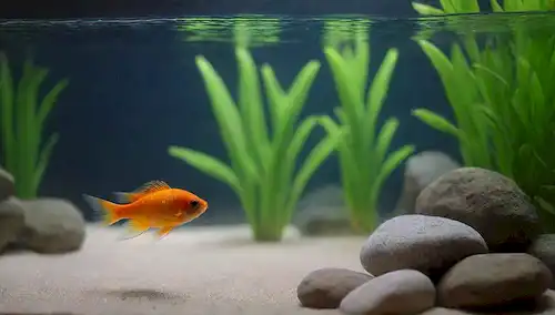 Un tanque acuático claro y poco profundo con agua tranquila, unas cuantas rocas decorativas y un pez colorido nadando en el fondo; un enfoque suave en la tensión superficial entre dos capas distintas de agua, con pequeñas ondas; un fondo de color neutro para hacer que las aguas se destaquen; un sutil toque de equipo de acuario, como un filtro o calentador, en la esquina; un sentido de serenidad y tranquilidad