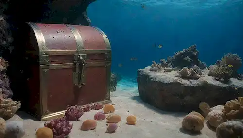 Una colorida escena acuática con peces nadando alrededor de un cofre de tesoro que rebosa con coral y algas