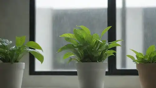 Plantas en macetas 3D, contenedor de plástico transparente, gotas de agua, ventilación de aire acondicionado, atmósfera defectuosa, luz suave, ambiente relajado, ningún entorno desordenado, punto de enfoque único