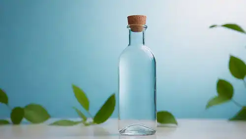 Una botella de vidrio clara con un líquido parecido al agua, rodeada de vegetación y elementos naturales, que transmite frescura y pureza, con sutiles ondas y reflexiones para sugerir movimiento e hidratación, enmarcada en un fondo azul o blanco suave