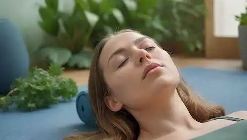 Una persona tranquila acostada en una estera de yoga, rodeada de plantas y luz natural, con ojos cerrados, boca ligeramente abierta, y respiración lenta visible como círculos parecidos a la niebla alrededor de su cabeza; el fondo es suave y grisáceo de colores azules