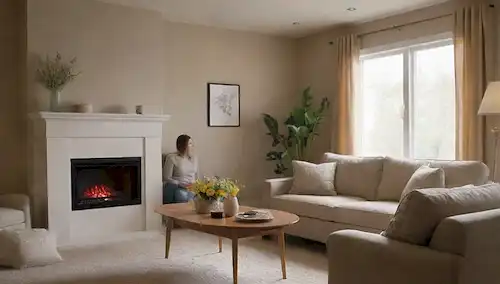 Una sala de estar con un moderno termostato inteligente en la pared, una familia feliz se reunió alrededor de la mesa de café, un ambiente cálido y acogedor con iluminación suave, un jarrón con flores frescas en el tablero lateral, un cómodo sofá y sillas en tonos terrenales, una luz natural que fluye por la ventana