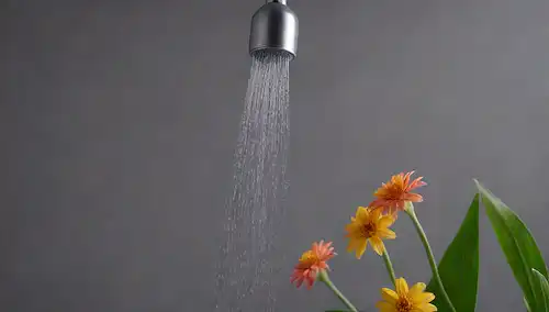 Un caluroso cabeza de ducha que salva agua de Ahorra Gas en un fondo gris, con vapor aumentando hacia arriba, rodeado de unas pocas flores o plantas de color suave, efectos gradientes sutiles para representar la calidez y frescura de la escena