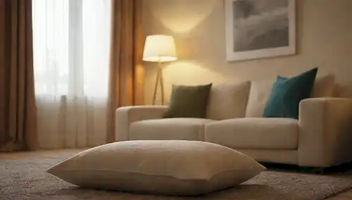 Más suave, acogedora habitación, ambiente tranquilo, almohadas y cojines que absorben sonido, alfombras de felpa, textiles delicados, iluminación sutil, colores cálidos, acogedor ambiente