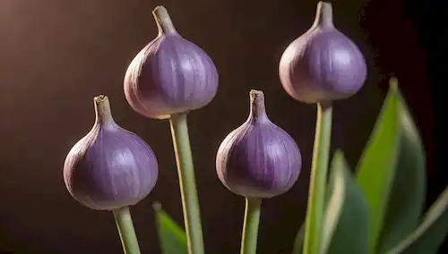 ilustración 3D de una planta de ajo con hojas púrpuras oscuras, cierre de sus brotes de flores, un ramo de ajo común para comparación