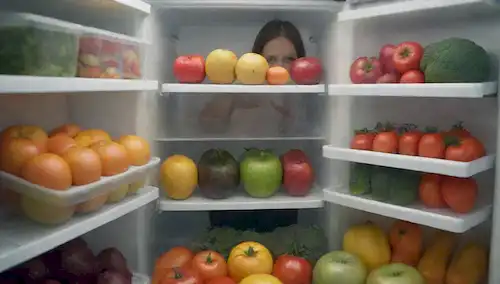 Una persona que tiene una puerta de nevera abierta con un estante dentro, contenedores llenos de comida en ella, rodeado de frutas y verduras coloridas en la parte superior, algunos contenedores están cerrados y otros están ligeramente abiertos, una pista de vapor que sale de uno de ellos