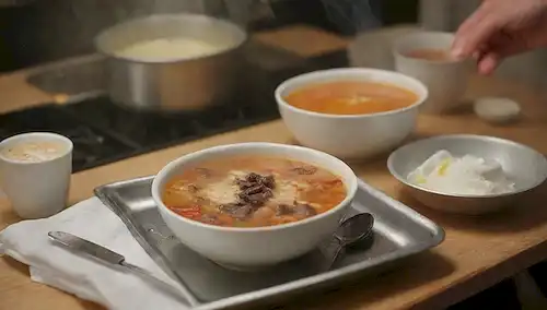 un plato caliente con aumento de vapor, un tazón de sopa, una taza de café, un vaso de leche, un recipiente metálico lleno de comida, un paquete de hielo envuelto en tela, una bandeja de refrigeración, un ventilador de aire soplado, una persona que sostiene el plato, una mesa de cocina con utensilios cercanos