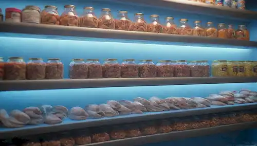 Células cerebrales 3D, ácidos grasos omega-3 en estructura molecular, olas oceánicas tranquilas con natación de pescado, un estante de supermercado con productos de mariscos enlatados, una bombilla azul iluminando la escena