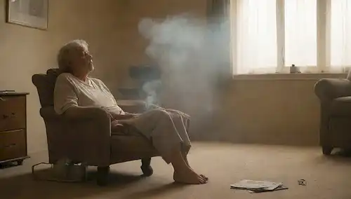 Un hogar con una nube débil que se mueve por encima, un coche estacionado afuera con humo que se hunde de la tubería de escape, una persona mayor sentada en un sillón con una expresión preocupada, un niño jugando cerca con juguetes cubiertos en una capa delgada de polvo, una imagen débil de un gráfico médico o rayos X en el fondo