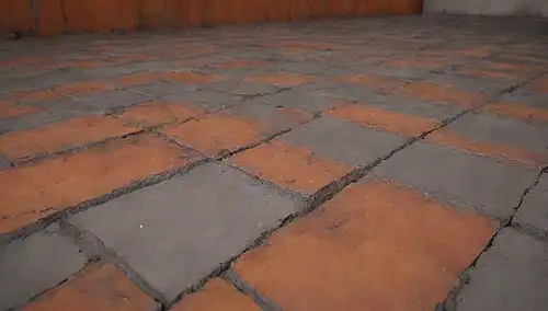 ilustración 3D de una estructura de hormigón desgastado con grietas, barra de metal oxidado y baldosas rotas, superpuestas en un fondo naranja-rojo con tonos grises oscuros, que representan la erosión, la decadencia y el abandono