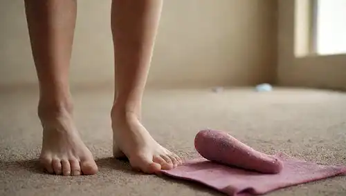 Pies caminando descalzo sobre una superficie rocosa con un par de calcetines desgastados, junto a los pies usando zapatillas en un suelo suave; un tiro de ampollas y enrojecimiento en las plantas de los pies desnudos, junto a la piel sin mancha debajo de zapatillas; una persona haciendo yoga con pies desnudos en una alfombra suave, mientras que otra está haciendo yoga con zapatos en una alfombra