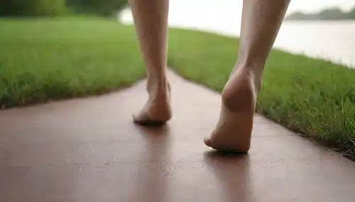 pies desnudos caminando sobre varias superficies, tales como hierba, madera y azulejos, junto con un par de zapatos, con un gradiente de fondo sutil transición de la luz a los colores oscuros, y efecto de enfoque suave