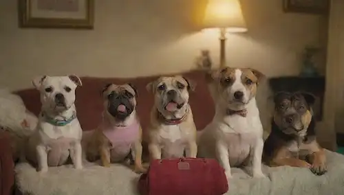 Un grupo de perros con ropa de miniatura y accesorios