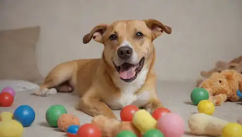 Un perro tranquilo acostado en su espalda, mirando relajado, con lengua colgando, rodeado de juguetes y golosinas, en un color de fondo neutro, sin características humanas o accesorios