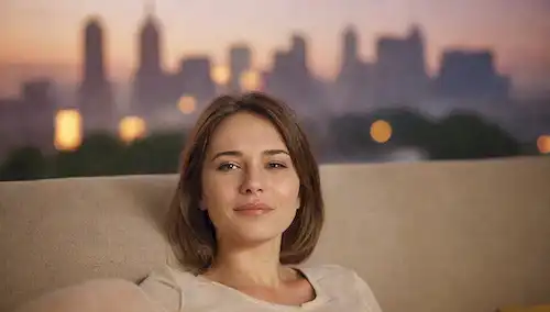 Una persona acostada en un sofá, con una expresión facial tranquila y relajada; una sonrisa sutil que sugiere satisfacción; un fondo borroso de un paisaje urbano o escena de la naturaleza; una iluminación suave con colores cálidos; un toque de intimidad y conexión con su pareja o ellos mismos