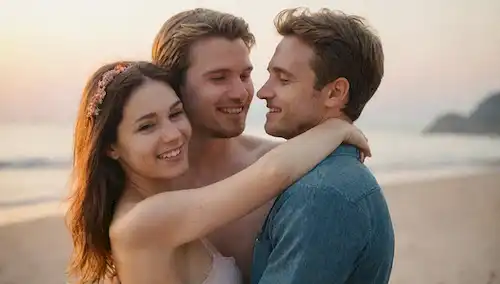 Pareja abrazando en una playa, enfoque suave, iluminación cálida, flores en la mano, ambiente romántico, sonrisa sutil, toque suave