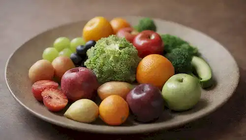 Una mezcla de frutas y verduras en un plato