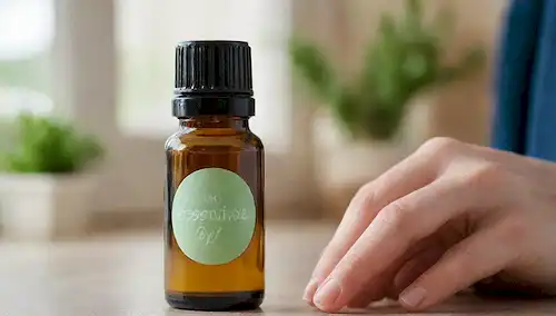 Un disparo de cerca de una persona que sostiene una botella de aceite esencial, con un fondo sutil de elementos naturales como flores o hierbas; una luz de advertencia o símbolo de alerta en la esquina del marco; una imagen débil de la piel o el pelo; un enfoque suave en el primer plano para enfatizar la importancia de la seguridad; calmar colores como azul o verde para transmitir confianza y serenidad