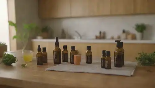 Un grupo de personas en una cocina, rodeadas de aceites esenciales, champús y cremas, con un fondo sutil de elementos naturales como plantas y madera, mostrando entornos de vida cotidiana donde la exposición a disruptores endocrinos podría ocurrir