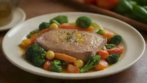 Un plato con un plato cálido de colores dorados, a vapor caliente y ligeramente bubbly en la parte superior, rodeado de verduras frescas, con un ligero chorro de aceite de oliva y una espolvor de hierbas