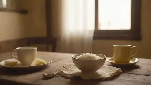Una escena de cocina de color dorado con un tazón de arroz