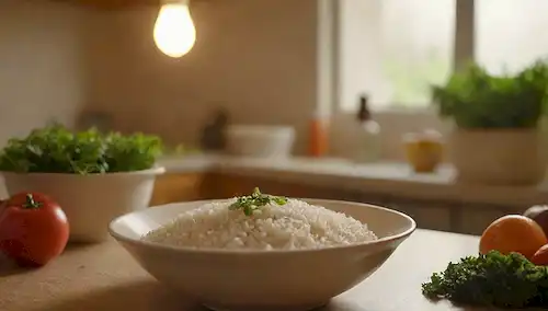Una cálida y acogedora escena de la cocina, con un cuenco de arroz en el centro, rodeado de verduras frescas, hierbas y frutas, con un toque de iluminación dorada, y un fondo sutil borroso para centrar la atención en el tema principal