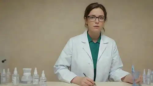 Una persona con gafas y un abrigo de laboratorio blanco frente a un cuarto limpio, sosteniendo un aspirador, rodeado de inhaladores de asma, medicación de alergia y otros equipos médicos, en un fondo gris o beige, con un sutil gradiente para indicar un ambiente estéril