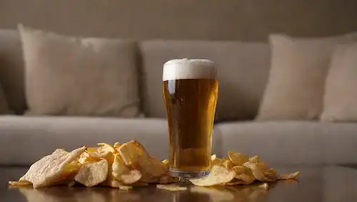 Una persona sentada en un sofá con una taza de cerveza desbordante junto a ellos, rodeada de paquetes de aperitivos y chips vacíos, con un vientre visible, y una sombra sutil o reflejo de un vaso de cerveza en el fondo, transmitiendo un sentido de indulgencia, comodidad y posibles consecuencias para la salud