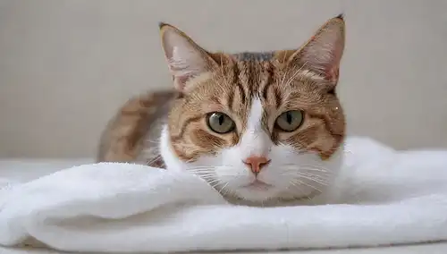 Un gato relajado saltando sobre una toalla blanca