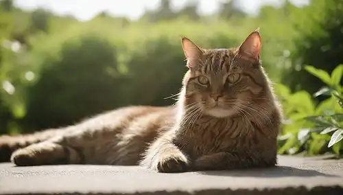 Un gato sereno acostado sobre una superficie suave, rodeado de vegetación exuberante, cálida luz del sol arrojando sombras suaves sobre su piel, con sutiles ondas en el área circundante que sugieren presencia de agua, sin embargo no hay agua real visible