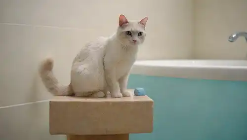 Un cálido y acogedor cuarto de baño con iluminación suave, un gato sentado cómodamente en una plataforma elevada o taburete, un suave chorro de agua fluyendo de un grifo, unos juguetes o postes de arañazo en el fondo, colores calmantes como blancos, cremas y azules