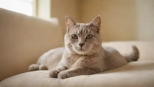 Un gato limpio y bien dotado que descansa en un cojín suave, con un enfoque sutil en su textura de piel; tal vez un ligero borrón alrededor de los bordes para transmitir la relajación; un color de fondo tranquilo y sereno como beige claro o gris pálido; unos pocos juguetes estratégicamente colocados o objetos cercanos para añadir interés visual; en general, un ambiente acogedor y pacífico