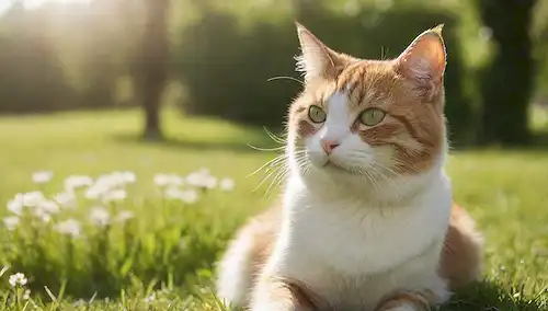 Un gato con piel brillante y saludable, jugando con una hoja, en un prado verde, bajo la luz del sol, rodeado de flores y árboles, con un fondo suave y borroso